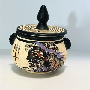 Vintage Greek Pottery Mini Jar with Lid – Mythological Figure, Hand‑Painted